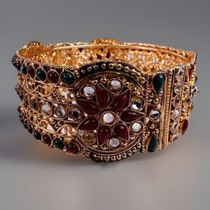 Vintage aged goldtone, green rust accent, ethnic wide, bangle bracelet